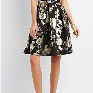 Black and Metallic Gold Floral Print Skater Skirt